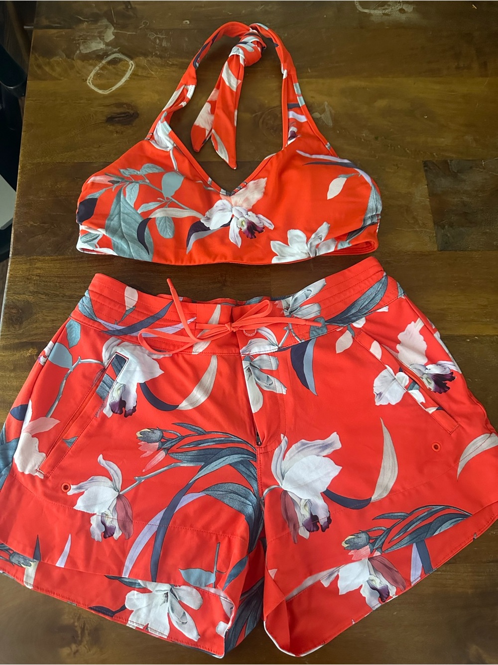 Athleta Orange Red Floral Two-Piece Swim Set Halter Top & Hudson Shorts M